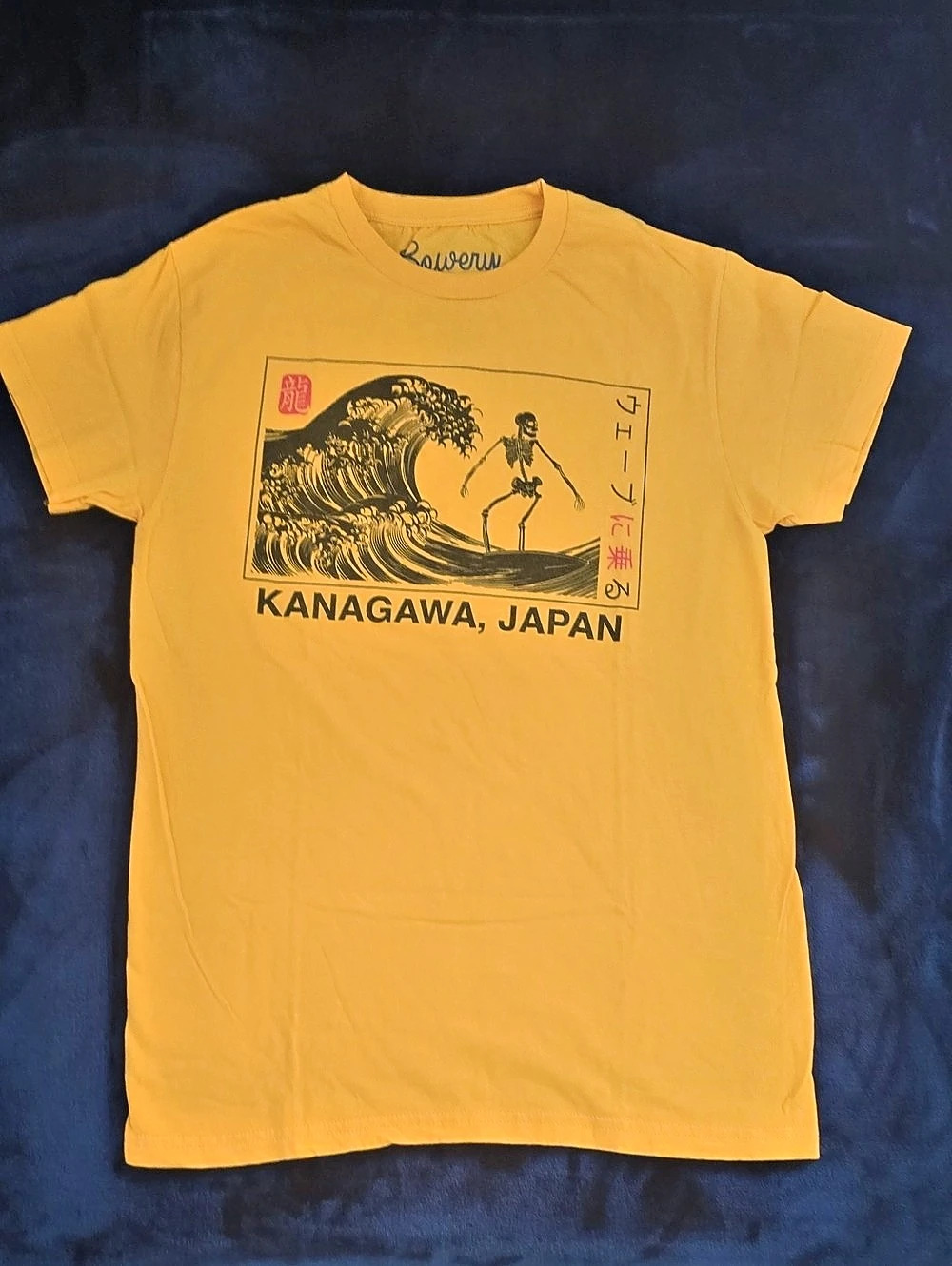 Bowery Supply Co. Kanagawa Japan Surfing Skeleton T-Shirt. Graphic Tee Yellow